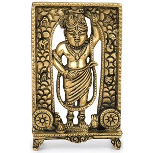 Estatua de Shri Krishna hecha a mano de 5 pulgadas como Shrinath Ji en escultura de latón para regalar hecha en la India - Product Image 1