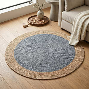 Aqua Blue <b>Round</b> Jute Rug 120 cm, Handcrafted Braided Circular Rug for Scandinavian & Coastal Interiors - Product Image 2