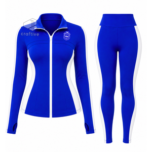 ชุดออกกำลังกายสีน้ำเงินสำหรับผู้หญิง Zeta Phi Beta พร้อมเสื้อแจ็คเก็ตซิปเต็มตัวสีขาวตัดขอบข้าง และกางเกงเลกกิ้งเอวสูง ชุดออกกำลังกาย - Product Image 1