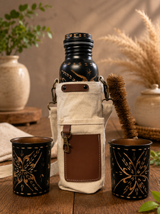 Black Engraved Metal Water <b>Bottle</b> Set with Copper Tumbler Carry Bag and Cleaning <b>Brush</b> Oriental Design Portable Travel Drinkware - Product Image 5