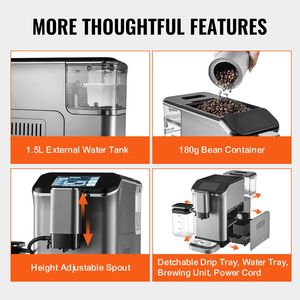 Cafetera Espresso Súper Automática de 20 Bares con Espumador de Leche, Pantalla Táctil TFT, Enchufe Estadounidense, Función Totalmente Manual para Cappuccino y Latte - Product Image 6