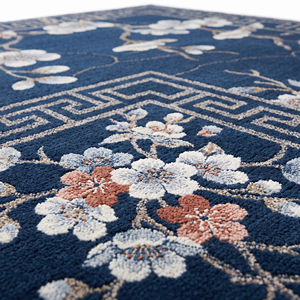 Tapis en laine bleu marine à motif floral botanique, motif de branche fleurie, tapis tufté à la main, antidérapant, écologique, luxe, salon, hôtel - Product Image 4