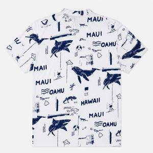 เสื้อยืดเฮนลีย์พิมพ์ลายสำหรับผู้ชาย แขนสั้น สีขาว-น้ำเงิน ลายแผนที่ฮาวาย สไตล์ลำลอง คอตั้ง ผลิตโดย OEM จากบังกลาเทศ - Product Image 4
