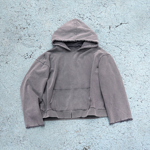 เสื้อฮู้ดดี้ผู้ชายทรงโอเวอร์ไซส์แบบครอป สีพื้น ผ้าฝ้ายเฟรนช์เทอร์รี่ สไตล์ลำลอง ฮู้ดดี้สีซีดจาง ฮู้ดดี้ขาดๆ - Product Image 1