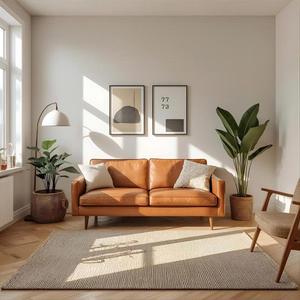Sofá de Cuero Cognac de Lujo con Respaldo Acolchado, Estilo Moderno de Mediados de Siglo, Sofá de 2 Plazas, Muebles Elegantes para Sala de Estar - Product Image 4