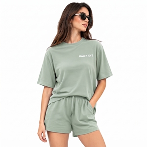 Vêtements pour femmes, ensemble tee-shirt et short vert sauge uni à épaules tombantes, logo personnalisé, fabricant en gros - Product Image 6