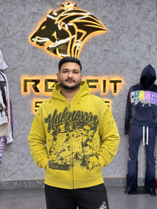 Custom Heavyweight <b>Yellow</b> Zip Up <b>Hoodie</b> Vintage Graphic Print Distressed Oversized Full Zip Hooded Sweatshirt - Product Image 6