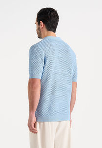 Men's Light <b>Blue</b> Knitted <b>Polo</b> <b>Shirt</b> Short Sleeve Solid Color Casual Breathable Regular Fit - Product Image 2