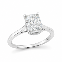 Bague de fiançailles solitaire en diamant de laboratoire taille radiant de luxe, or blanc 18 carats, halo caché, bague de mariage personnalisée