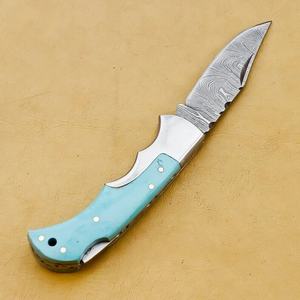มีดพับเหล็กดามัสกัส ด้ามเทอร์ควอยซ์ พร้อมที่จุดไฟ สำหรับพกพา ล่าสัตว์ คุณภาพสูง 58HRC รับประกัน 3 ปี ODM OEM - Product Image 3