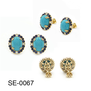 14KY <b>Turquoise</b> (Oval) 3.84 CT, Blue Sapphire (Round) 0.53 CT, White Diamond (Round) 0.12 CT <b>Earrings</b> - Product Image 2