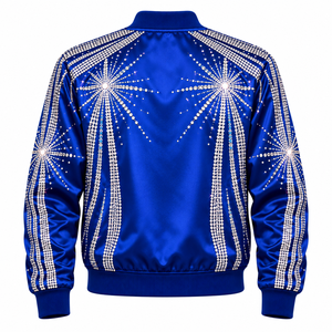 Chaqueta de Satén con Pedrería para Hombre, Azul Marino Brillante, Estilo Bomber, con Detalle de Corona de Cristal y Cierre Dorado, para Fiestas y Uso Casual - Product Image 6