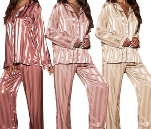 Conjunto de Pijama de Satén para Mujer, Manga Larga, Color Sólido, Cuello Camisero, Cierre de Botones, Suave, Clásico, Ropa de Dormir para Primavera - Product Image 3