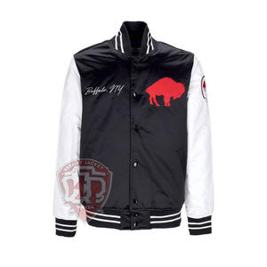 Veste universitaire en satin noir personnalisée pour hommes, veste bomber à manches blanches, vente en gros, broderie Buffalo, vêtements de sport pour équipe de baseball - Product Image 4