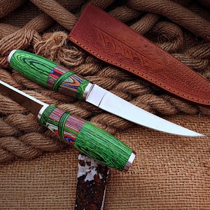 Custom Handmade <b>Boning</b> Fillet <b>Knife</b> Stainless Steel Blade Colorful Pakka Wood <b>Handle</b> with Leather Sheath - Product Image 1