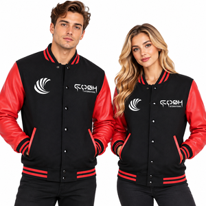 Veste universitaire unisexe noire avec manches en cuir synthétique rouge et col côtelé, vêtement d'extérieur décontracté style streetwear, fermeture à boutons pression - Product Image 1