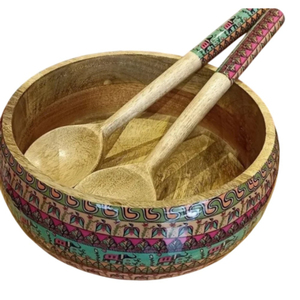 Ensemble de saladiers en bois de manguier de qualité supérieure avec des ustensiles assortis, élégants bols de service à imprimé floral émaillé pour la maison et les restaurants - Product Image 6