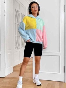 Sudadera con Capucha Sherpa Colorblock para Mujer, Sudadera Cómoda de Forro Polar para Hombre, Sudadera con Capucha 100% Lana, Sudadera con Capucha con Logotipo en Relieve, Diferentes Colores - Product Image 3