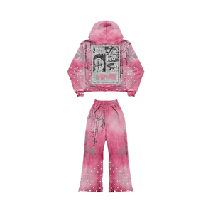 <b>Pink</b> Hooded <b>Tracksuit</b> Set Full Sleeve Loose Fit Streetwear Winter Zipper Front Pants Side Pockets Solid 100% Cotton - Product Image 2