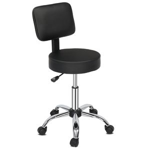 Sgabello da Tecnico Nero Rotondo con Schienale, Capacità 136 kg, Base a Cinque Punte in Nylon e Gambe in Semi Pelle PU, Sedia da Ufficio - Product Image 1