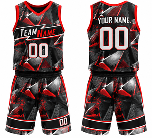 Conjunto de Camiseta de Baloncesto Sublimada Personalizada, Unisex, Cuello en V, Sin Mangas, Secado Rápido, Estampado Geométrico, Nombre del Equipo 00, Rojo, Negro, Blanco - Product Image 1