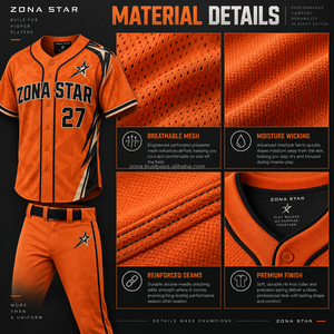 ZONA STAR Ensemble Maillot et Pantalon de Baseball Personnalisé pour Homme, Sublimé, Orange et Noir, en Polyester Respirant, OEM, avec Coutures Thermocollées Sans Soudure - Product Image 2