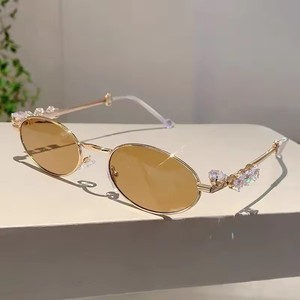 Shades Diamond Oval <b>Sunglasses</b> Unisex Y2K Fashion High-end Rhinestone Metal Retro UV400 PC Lenses Champagne Gray - Product Image 3