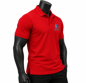Chemise de golf pour homme en piqué de polyester rouge, manches courtes, logo brodé sur le devant, couleur unie, respirante, tricotée, séchage rapide - Product Image 5