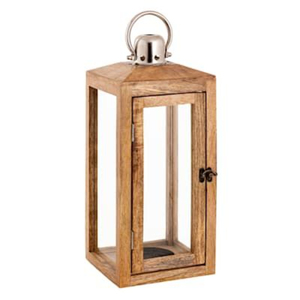 Elegante farol decorativo de madera, marco de madera marrón y metal, portavelas con asa para colgar, para decoración del hogar en interiores y exteriores. - Product Image 3