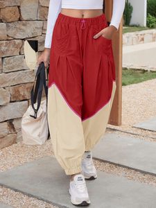 Pantalon de jogging ample à taille mi-haute pour femme, coupe droite, couleur unie, taille élastique, idéal pour l'été |   Poches de sport amples à blocs de couleur - Product Image 2