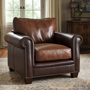 High End Real Leather Armchair Traditional Upholstered Accent <b>Chair</b> with Rolled Arms Nailhead Trim for Living Room <b>Bedroom</b> - Product Image 1