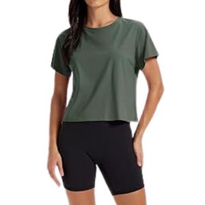 Dark Olive Loose Fit Women Yoga Crop Tops Cotton Blend Easy Care Breathable Wholesale Athletic Garments - Product Image 3