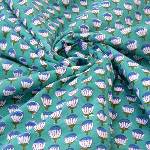 Jaipuri style Teal Lotus Hand Block Printed Cotton Fabric | Soft Indian Floral Cotton Yardage for Clothing & Home Décor - Product Image 3
