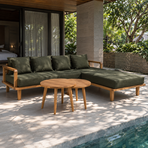 Conjunto de Sofá en Forma de L para Exteriores de Madera de Teca Sólida con Cojines Verde Oliva Oscuro y Mesas de Centro Redondas para Patio, Piscina, Hotel, Resort - Product Image 6