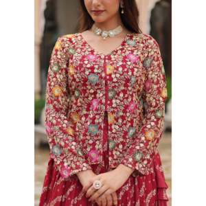 Magnífico Conjunto de Lehenga Choli Nupcial de Georgette Sintética Color Granate con Tocado Bordado Intrincado con Hilos y Lentejuelas - Product Image 4