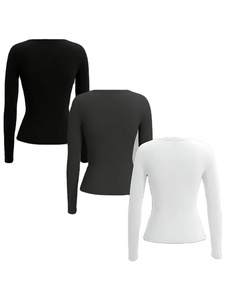 Camisetas de manga larga con estampado bonito para mujer, elegantes, de Color sólido, ajustadas, de punto, cuello cuadrado, 95% algodón, 5% Elastano, longitud Regular - Product Image 3