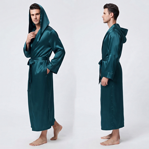Bata de satén con capucha para hombre, manga larga, sedosa y suave, para otoño, con bolsillos y cinturón, camisón de satén para hombre - Product Image 1