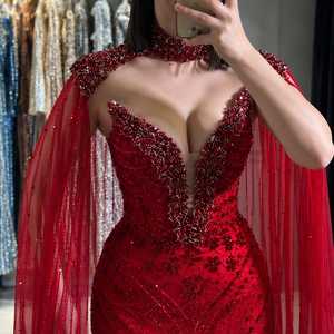 Robe de soirée sirène de luxe rouge en cristal pour femme, robe de bal de créateur à sequins, manches courtes, décolleté cœur, longueur ras du sol - Product Image 2