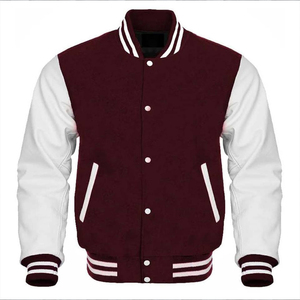 <b>Mens</b> Maroon <b>White</b> Varsity Style <b>Jacket</b> Wool Sleeves Quilted Lining Striped Ribbed Trim Zipper Closure Stand Patchwork Hooded - Product Image 2
