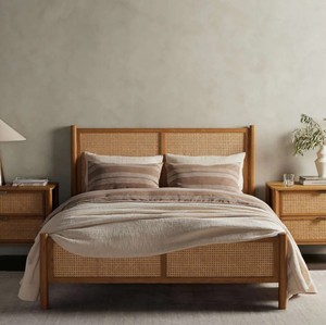 Modern Rattan <b>Headboard</b> and Footboard <b>Bed</b> Frame Wooden Bedstead Natural Wood Color and Natural Panel <b>Bed</b> for Hotel Home Bedroom - Product Image 1