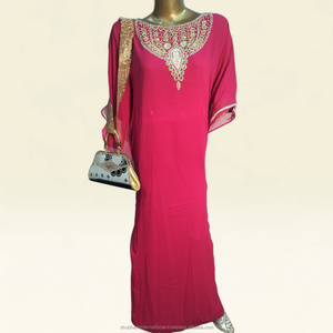 Red Luxury Embroidered Kaftan <b>Dress</b> with Crystal Belt and V Neck Design <b>Long</b> Sleeve Evening Party Wear - Product Image 3