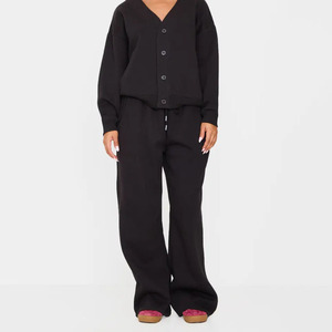 Manufacture Full Sleeve Daily Women's 2 Piece <b>Knitted</b> <b>Set</b> V Neck Cardigan Long Pants Solid Black Casual Loose Fit All Seasons - Product Image 1