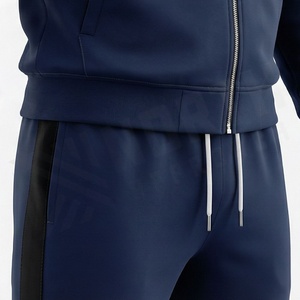 Ensemble de survêtement bleu marine à capuche pour homme, sweat-shirt et pantalon à fermeture éclair intégrale, vêtements de sport décontractés, couleur unie, respirant, polyester et coton - Product Image 5