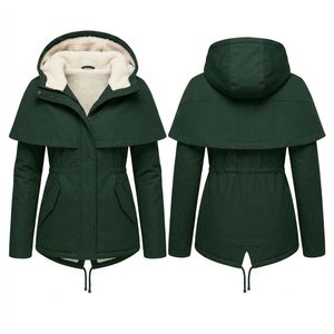 Veste parka pour femme en gros avec capuche profonde en polaire thermique, taille à cordon de serrage, manches vert forêt et capuche à rabat anti-vent - Product Image 1