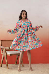 Robe midi en mousseline à imprimé floral, col en V, manches bouffantes, coupe trapèze ample, décontractée, pour femme, multicolore, magnifique - Product Image 3