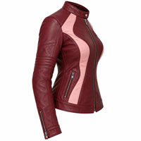 Blouson en cuir pour femme, bordeaux et rose contrastant, avec panneaux latéraux, col montant, fermeture éclair, coupe ajustée, style motard