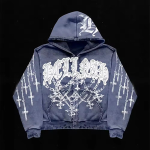 Sweat à capuche zippé surdimensionné en coton molletonné pour homme, style streetwear vintage, avec broderie appliquée, effet vieilli, délavé à l'acide et strass - Product Image 3