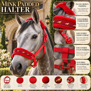 Harnais de cheval en nylon rouge avec rembourrage en fourrure et broderie de cheval dorée |   Collier de tête équestre réglable avec boucles rouges assorties - Product Image 5