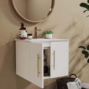 Mobile bagno sospeso da 24 pollici con doppio lavabo in ceramica, ante con cerniere a chiusura ammortizzata, montaggio facilitato, finitura oro metallico - Product Image 4