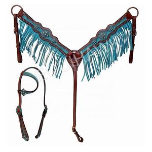 Pechera de cuero occidental personalizada y arnés de cuero a juego con flecos. Cabezada y pechera de cuero occidental premium. - Product Image 1